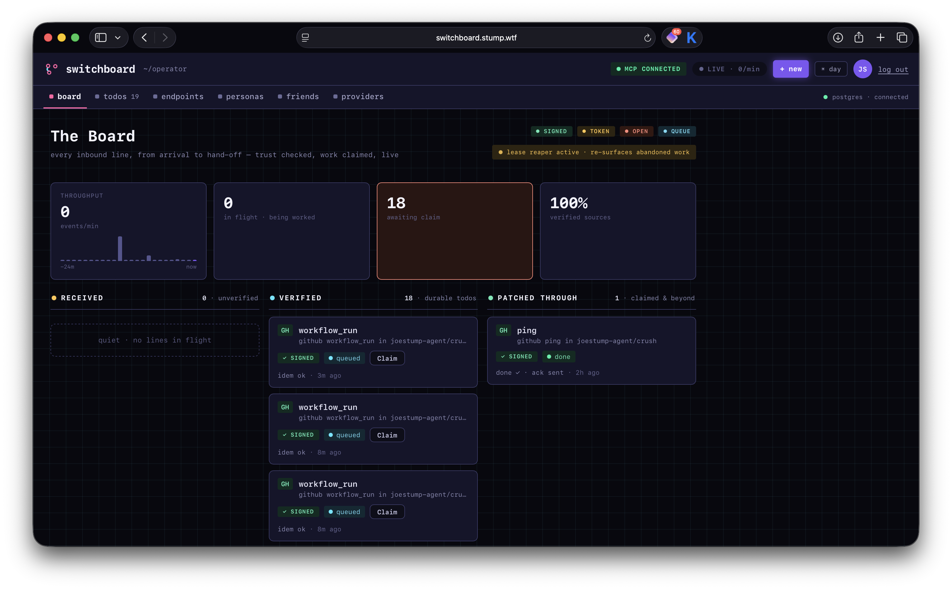 The Switchboard operator board: a three-lane patch panel — received, verified, patched through — with trust badges and live throughput tiles.