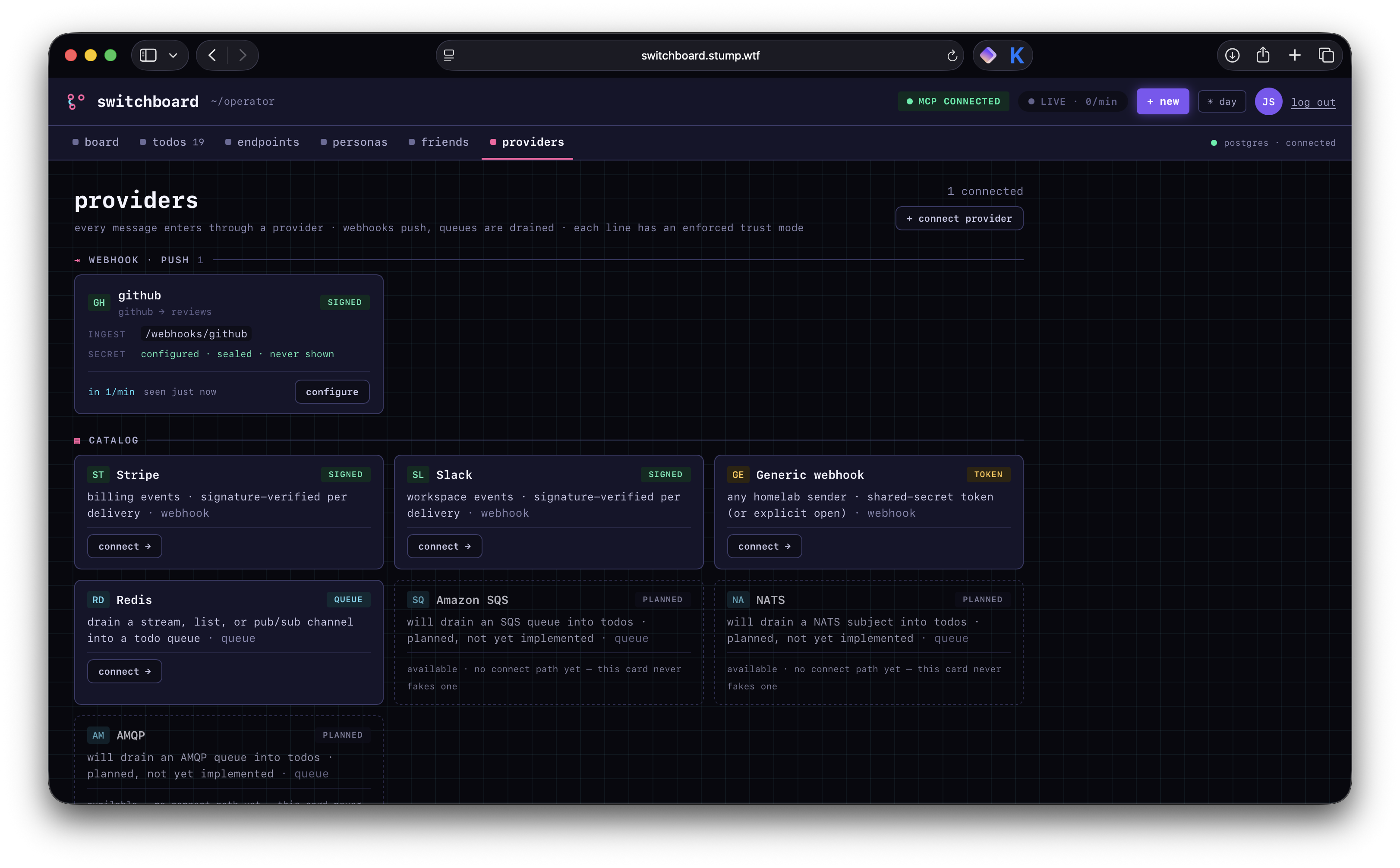 The Providers view: connected webhook and queue providers with their enforced trust mode, plus a catalog of providers to connect.